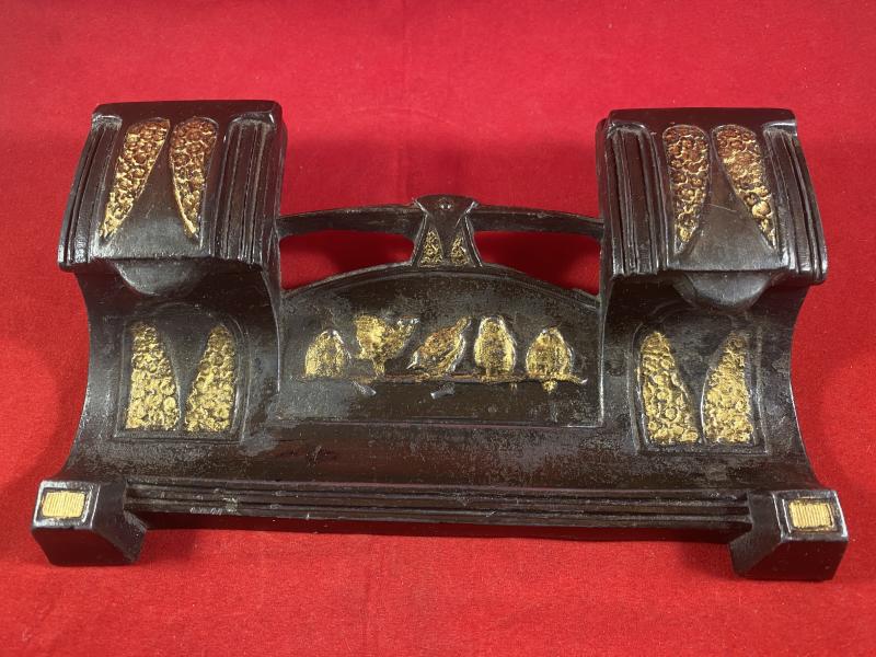 Antique Bronzed and Gilt Pewter Art Nouveau Double Inkwell and Pen Tray