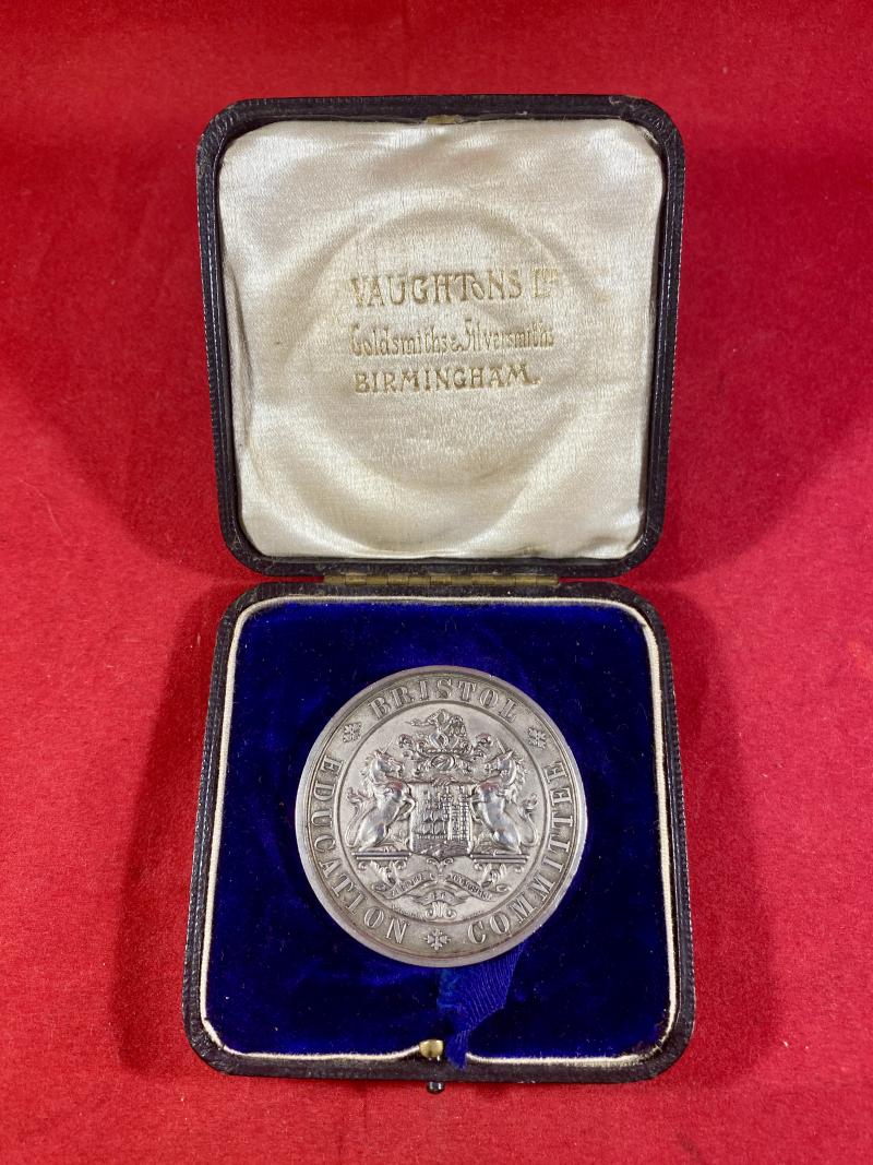 Cased Bristol Education Committee Hallmarked Silver Medal to EDWARD VALE for 6 Years Regular Attendance & Satisfactory Conduct - 1910