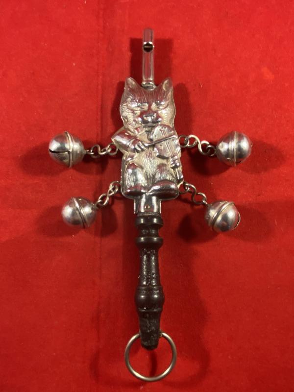 A Vintage Silver-Plated Baby Rattle & Whistle in form of The Nursery Rhyme “Cat and The Fiddle”