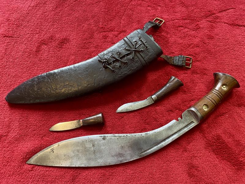 Genuine WW2 M43 Kukri with Two Small Knives and Leather Covered Scabbard