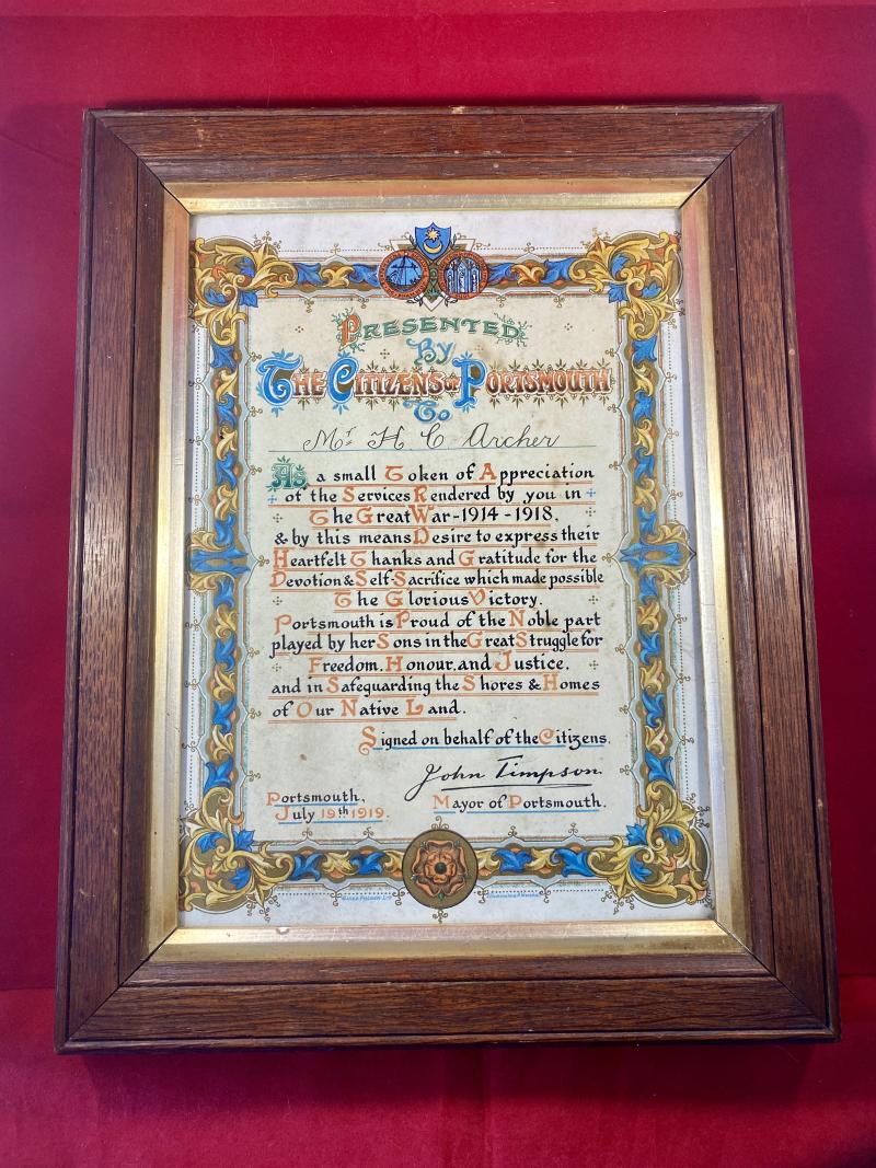 Rare Oak Framed “Citizens of Portsmouth” WW1 Certificate Presented by the Citizens to Mr H.C. Archer – 19th July 1919