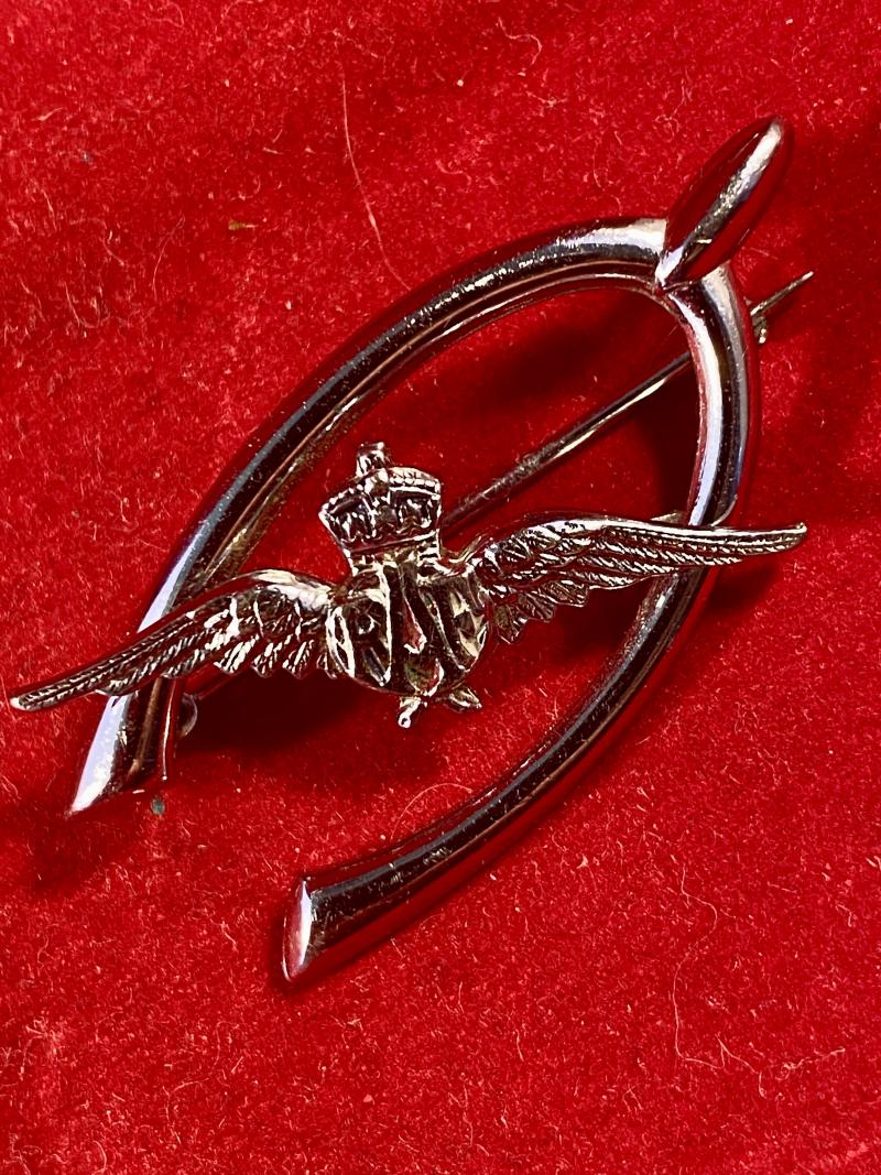 Vintage RAF Chrome Plated Wishbone & Wings Sweetheart Brooch c1950