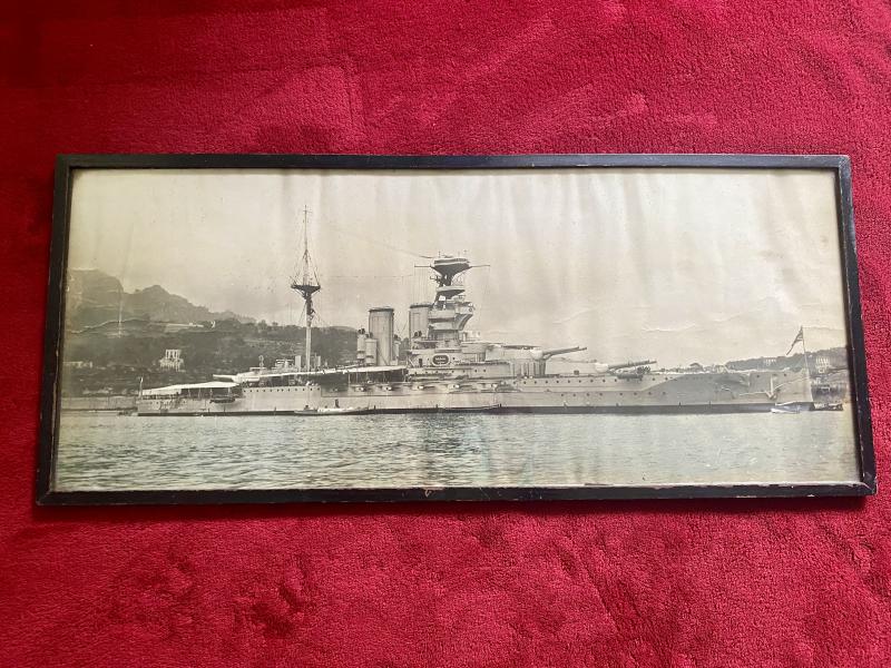 Large Framed Original Period Black and White Photo of the Royal Navy Battleship H.M.S. Queen Elizabeth