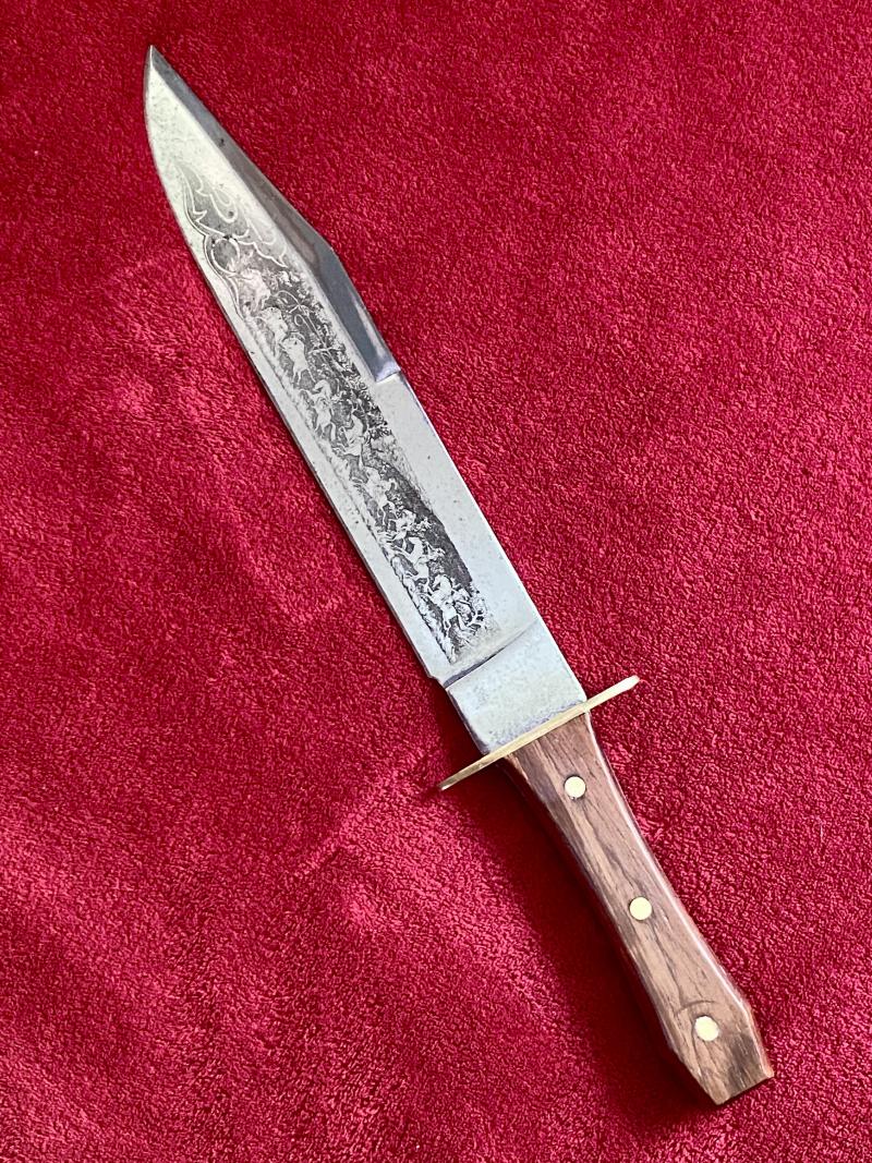 Large Vintage Bowie Knife with Etched Scene of American Indian’s Hunting Buffalo c1960