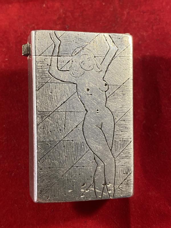 Cheeky WW2 Aluminium POW Trench Art Pocket Petrol Lighter with Images of Naked ladies