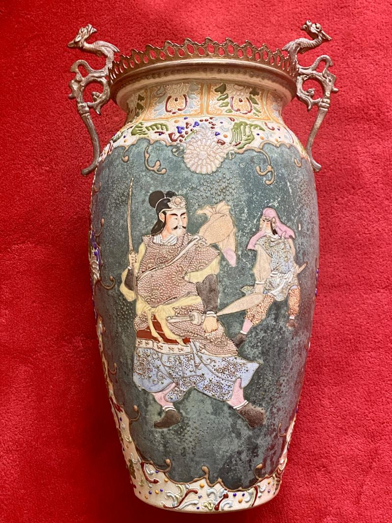 Japanese Samurai and Phoenix Satsuma High Relief Vase with Perforated and Dragon Design brass rim