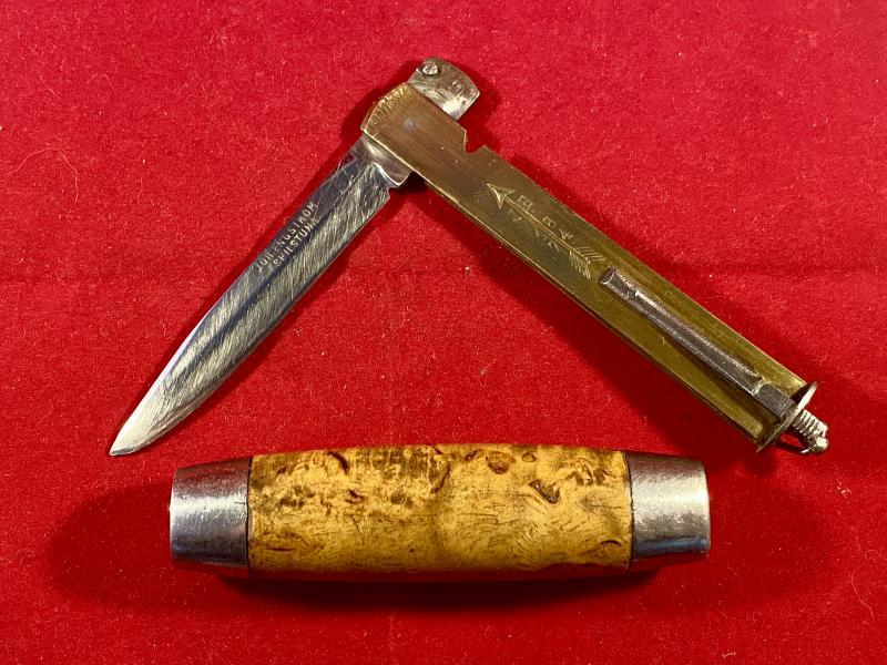 Antique Swedish Johan Engström of Eskilstuna - Curly Birch Barrel Knife with Concealed Folding Steel Blade