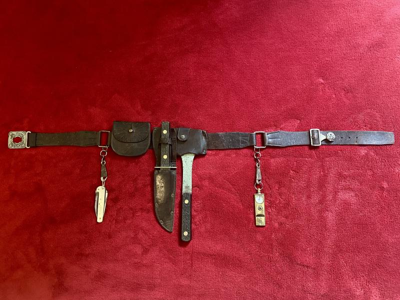 Antique Girl Guides Belt with Full Utility Set Including a William Rodgers Combined Bowie Knife and Throwing Axe Set - 1920’s