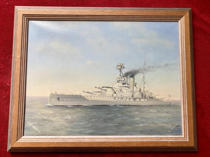 Impressive 16” x 12” Oil on Canvas Framed Painting of H.M.S. WARSPITE by R. Hooper