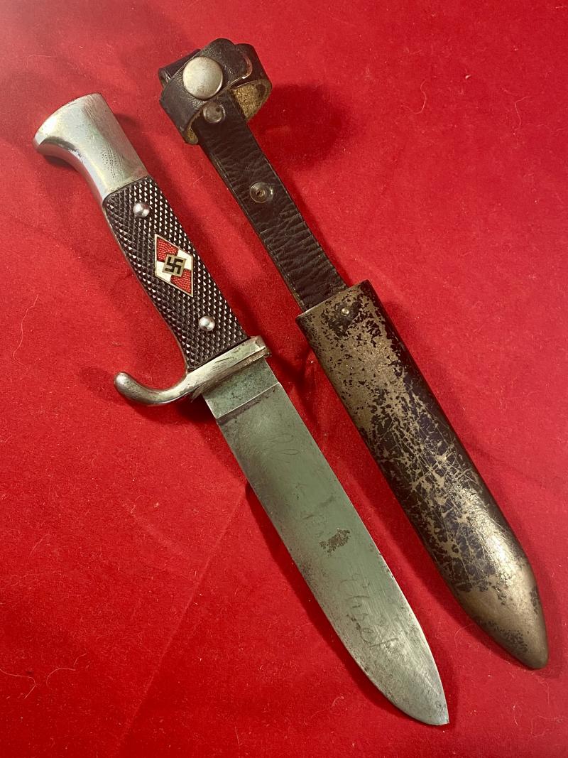 Original WW2 Double Proofed Hitler Youth Knife with Motto by Wilhelm Halbach – “Christmas Tree” Logo and RZM M7/35
