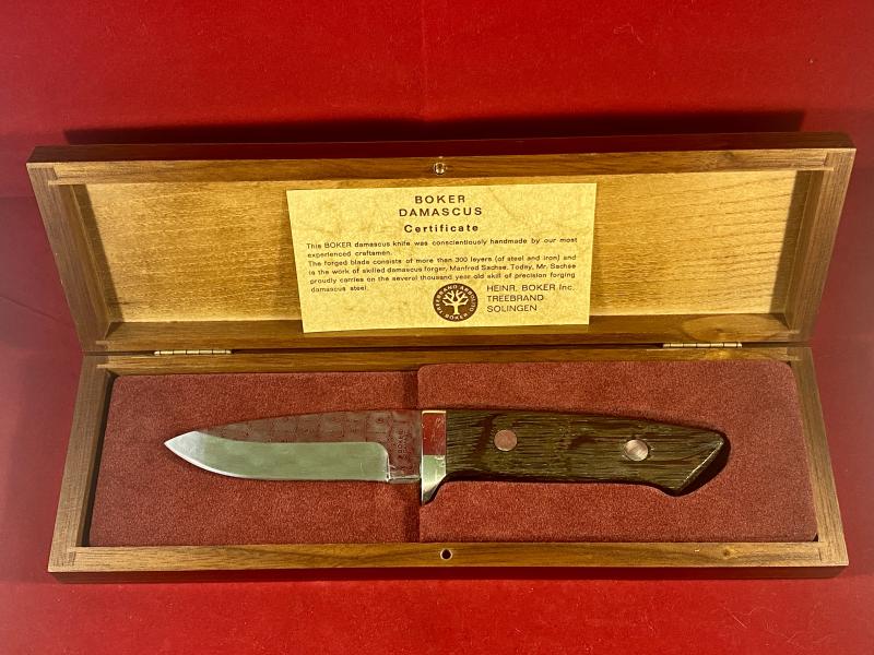 Beautiful Cased Boker Collector's Knife with “Rose Bud” Pattern Damascus Blade by Manfred Sachse