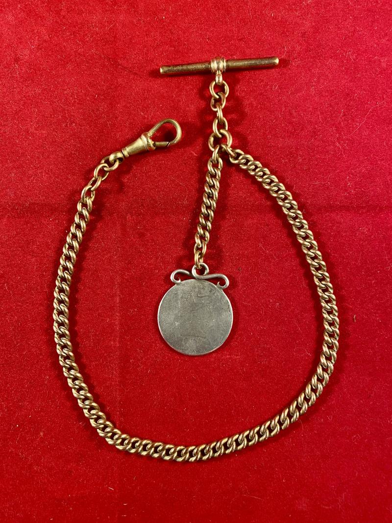 Antique Brass Single Albert Pocket Watch Chain with 1826 George IV Silver Shilling