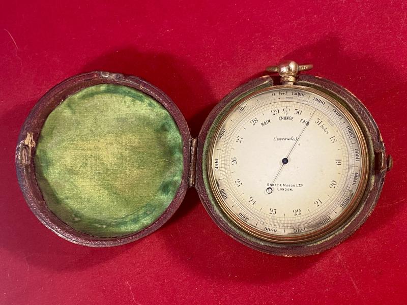 Large Antique Gilt Brass 2.75” Pocket Barometer with Case by Short & Mason Ltd, London c1910