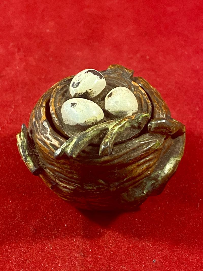 Small Antique Cold Painted Bronze “Birds Nest” Lidded Desk Inkwell c1880