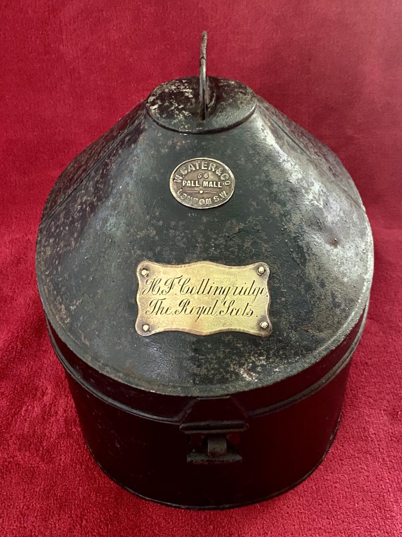 Boer War Period British Officer’s “Blue Cloth Helmet” Metal Hat Tin – Owned by H.F. Collingridge – 2nd Lt with The Royal Scots