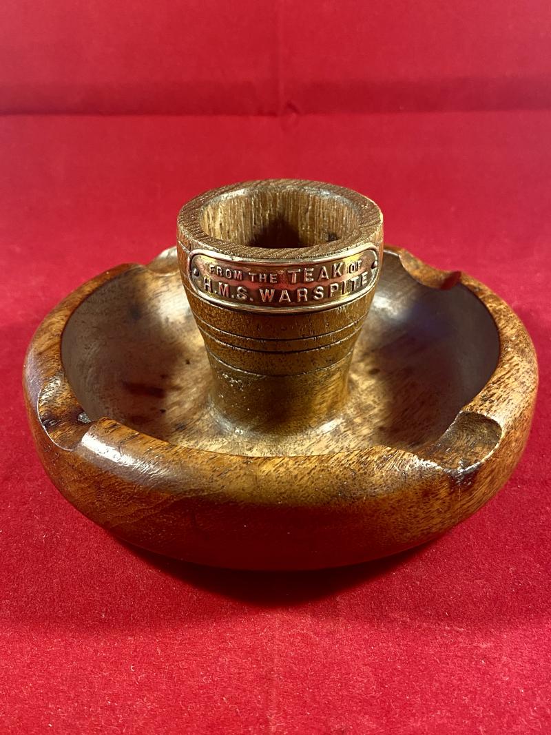 Unusual Teak Ashtray and Match Holder from H.M.S. WARSPITE c1947