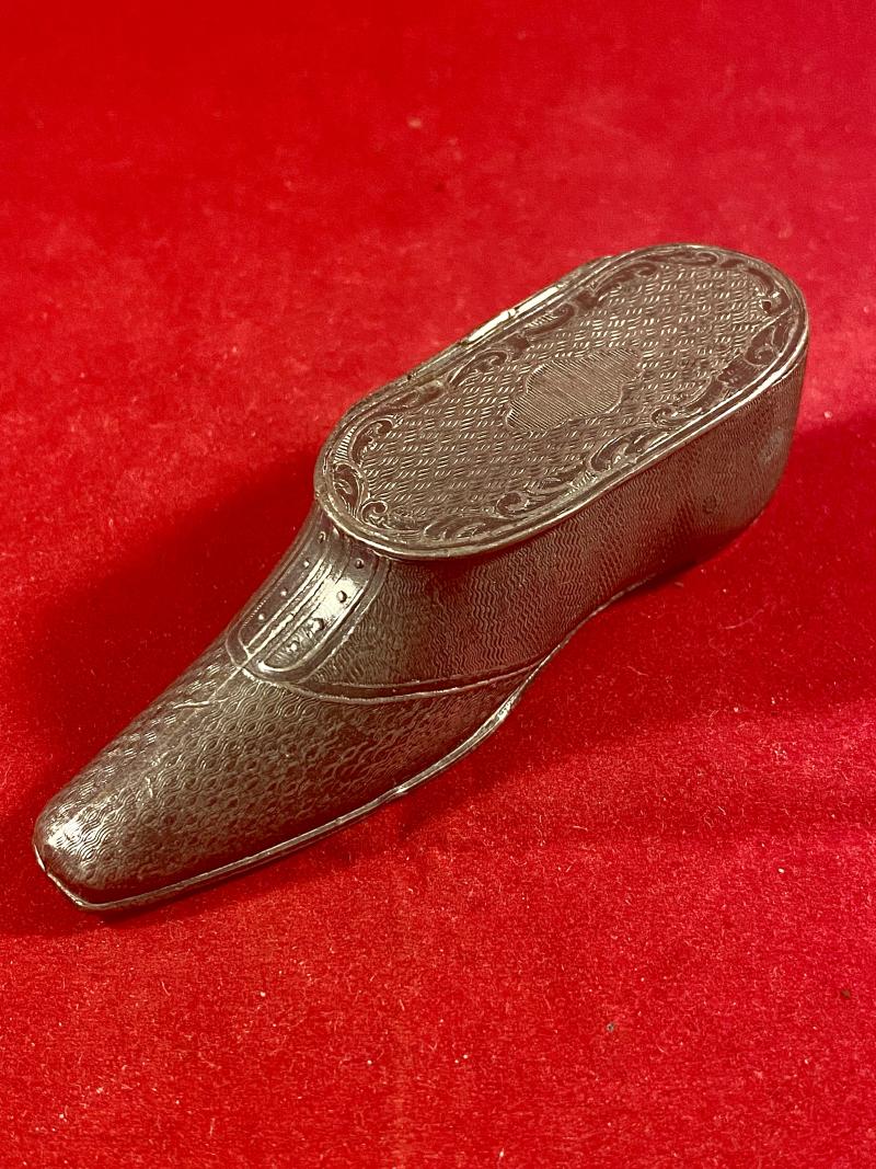 Charming Victorian Period – Finely Detailed 17th Century Shoe Shaped Pewter Snuff Box