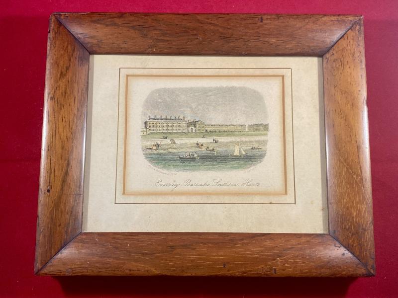 Antique Framed Coloured Print of Eastney Barracks Southsea Hants c1876 - HQ of the Royal Marine Artillery