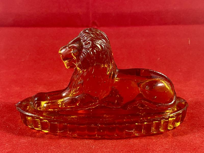 Antique Amber Pressed Glass 'Landseer' Lion Paperweight - John Derbyshire c1870