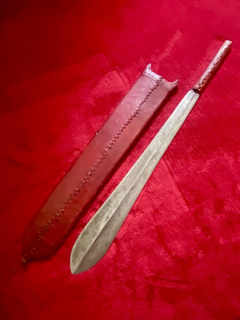 African Maasai Simi or Seme Short Sword with Red Ox Hide Covered Scabbard