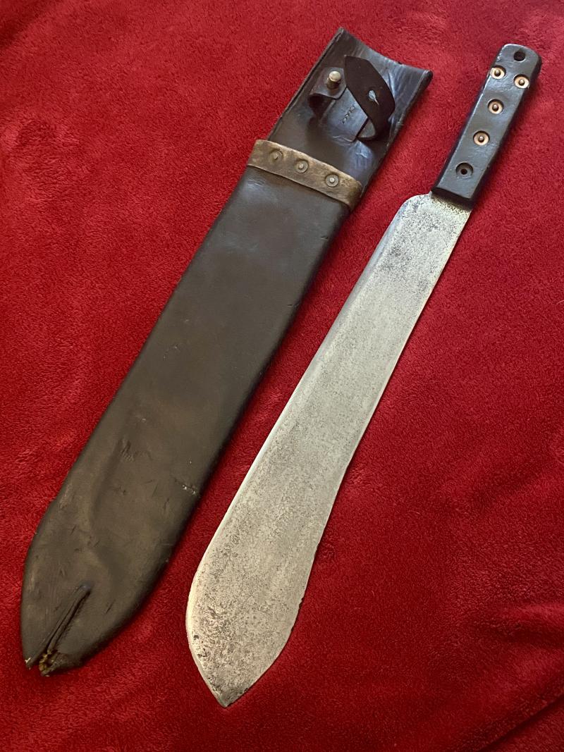 WW2 British Military Machete by J.J.B. 1943 with Dark Brown Leather Scabbard by B.H. & G. Ltd 1966