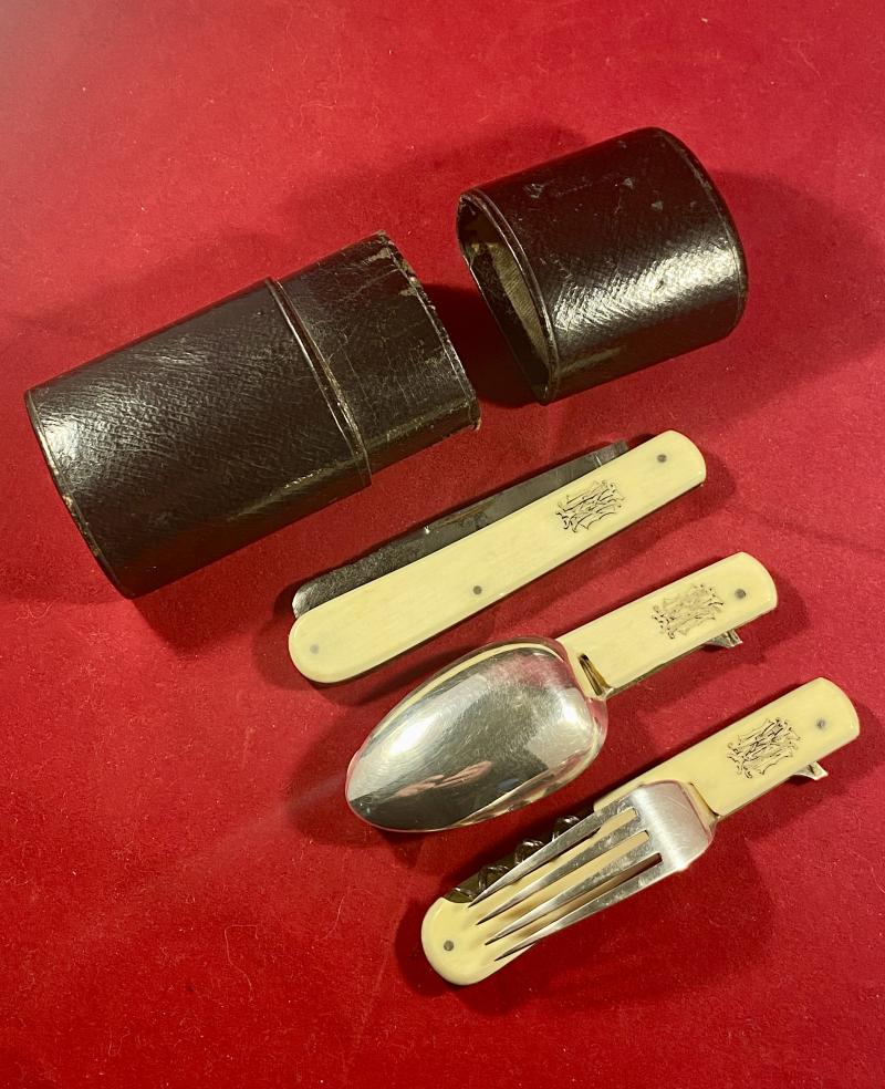 Top Quality Victorian Three-Piece Officer’s Folding Campaign Cutlery Set by F. WEST with Silver Fork and Spoon by Robert Hutton 1873 in Leather Covered Case