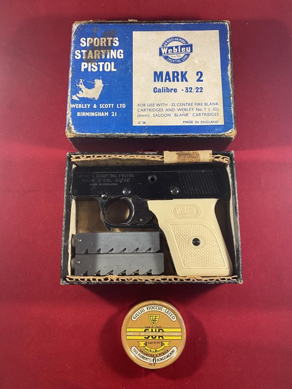 Webley Mark 2 Sports Starting Pistol with .32 & .22 Blank Calibre 6 Round Magazines and Original Box c1950