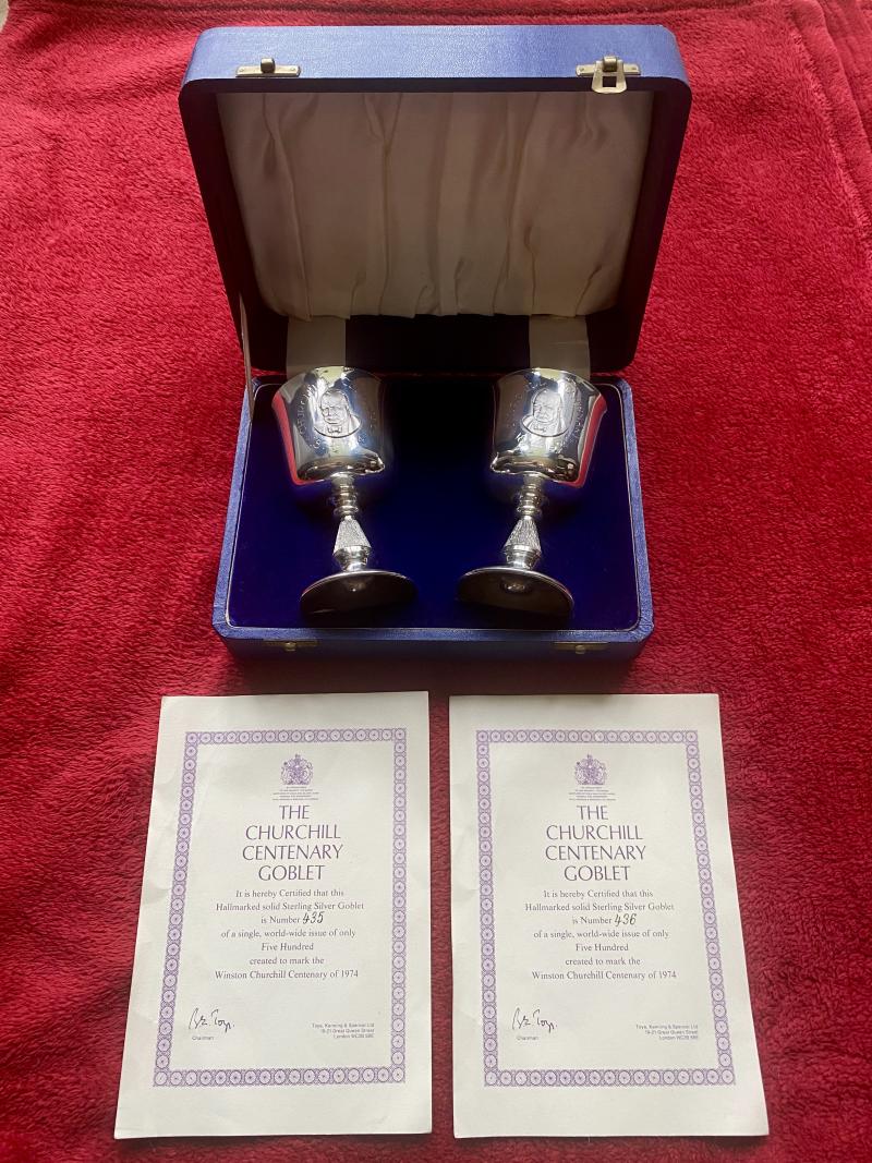 Cased Pair of Hallmarked Silver Winston Churchill Centenary 1874 - 1974 Goblets by Toye Kenning & Spencer Limited Edition - 435 & 436 of 500