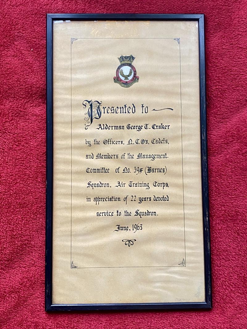 Large Vintage Framed Dedication to Alderman George T. Craker from the Air Training Corps 39F Squadron for 22 Years service in 1963