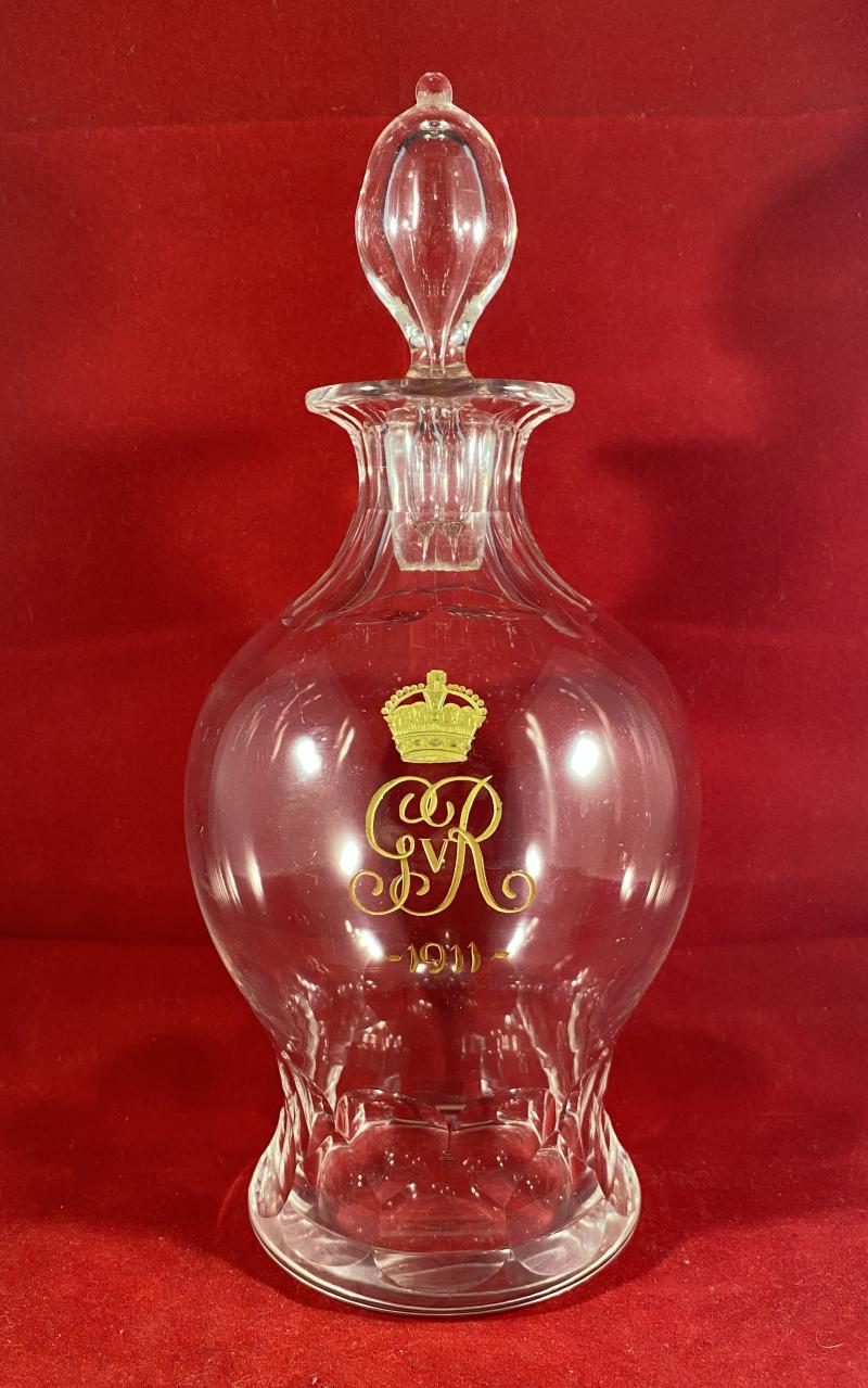 Very Rare George V Coronation Commemorative Gilt Engraved Glass Decanter with Stopper 1911