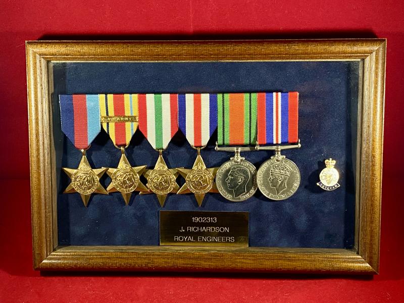 Original Bar Mounted and Framed WW2 8th Army Medal Group Awarded to J. Richardson – Royal Engineers - 1902313