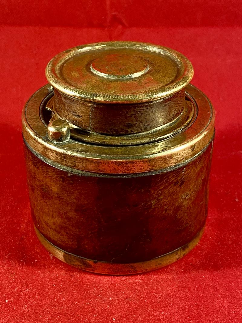 Unusual and Large Antique Brass and Leather Campaign Travelling Inkwell c1850