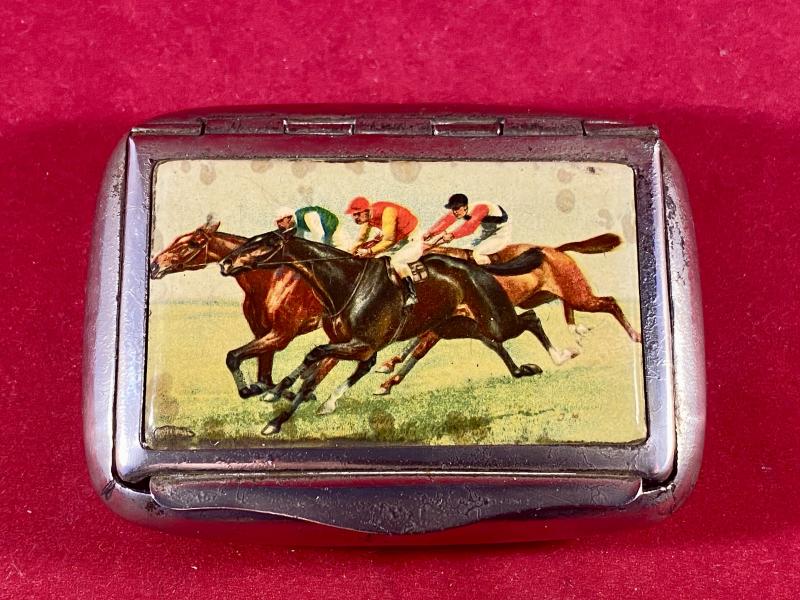 Antique Chrome Plated Snuff Box with Horse Racing Scene c1920