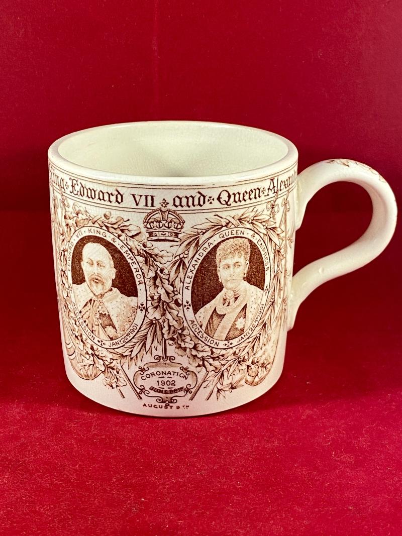 Unusual King Edward VII and Queen Alexandra 1902 Coronation Mug with Imperial Federation Crest by W.T. Copeland & Sons