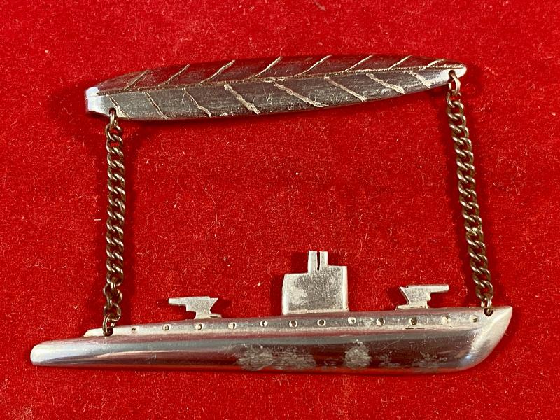 WW2 Period Silver-Plated Tie Bar/Clasp with Submarine Engraved Justyn Edwards - July 1946