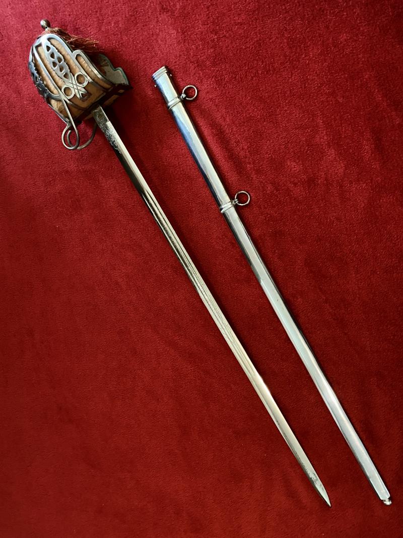 Good REPRODUCTION Scottish Highland Officer’s Basket Sword 1828 Pattern with Plated Scabbard c1980