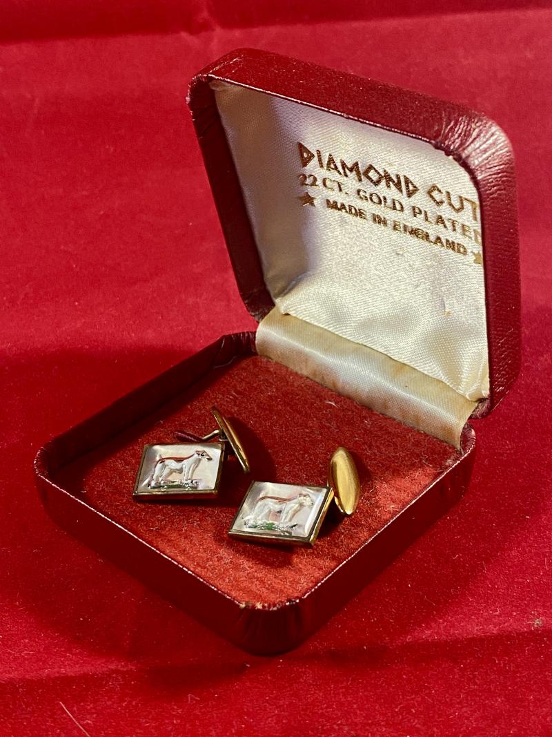 Vintage ‘Jack Russell Terrier Dog’ Essex Crystal Diamond Cut Cufflinks with 22ct Gold Plated Fittings and Original Metal Leatherette Case c1930