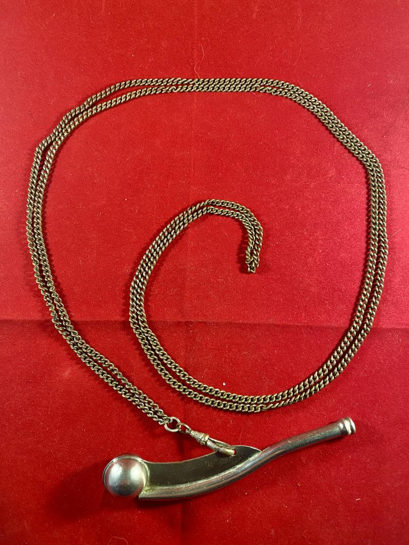 Original Royal Navy Boatswains Bosun Whistle and 60” Brass Chain - Named to P. MOORE