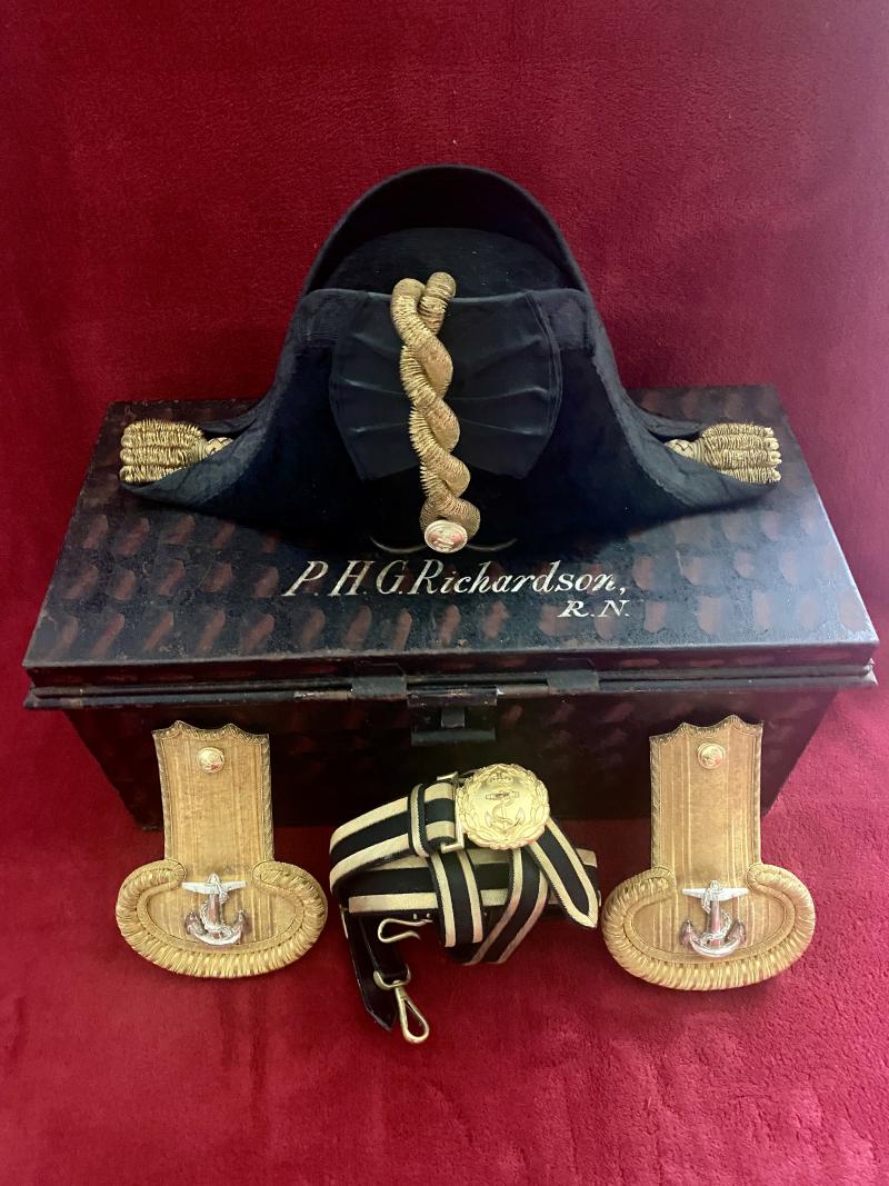 Royal Navy Officers Bicorn, Epaulettes & Sword Belt by Gieves with Transit Tin Case and named to P.H.G. Richardson RN