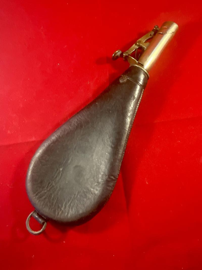 19th Century English Spring Loaded Embossed Leather Shot Powder Flask with Hunting Scene