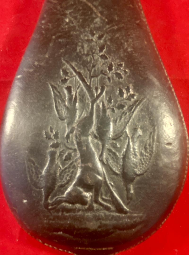 19th Century English Spring Loaded Embossed Leather Shot Powder Flask with Hunting Scene