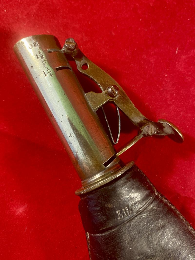 19th Century English Spring Loaded Embossed Leather Shot Powder Flask with Hunting Scene