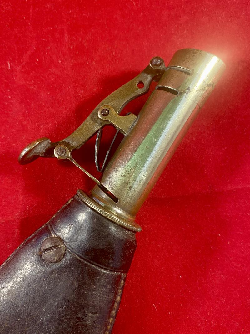 19th Century English Spring Loaded Embossed Leather Shot Powder Flask with Hunting Scene