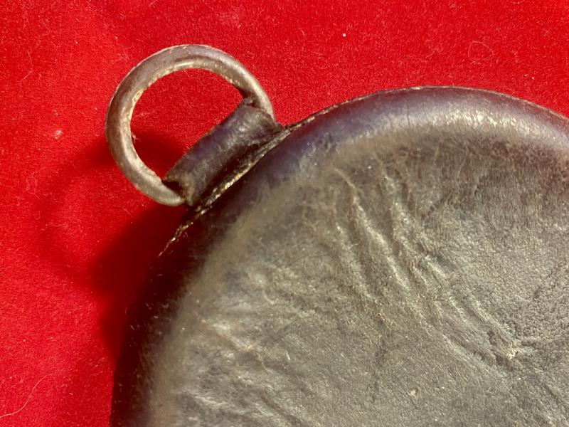 19th Century English Spring Loaded Embossed Leather Shot Powder Flask with Hunting Scene