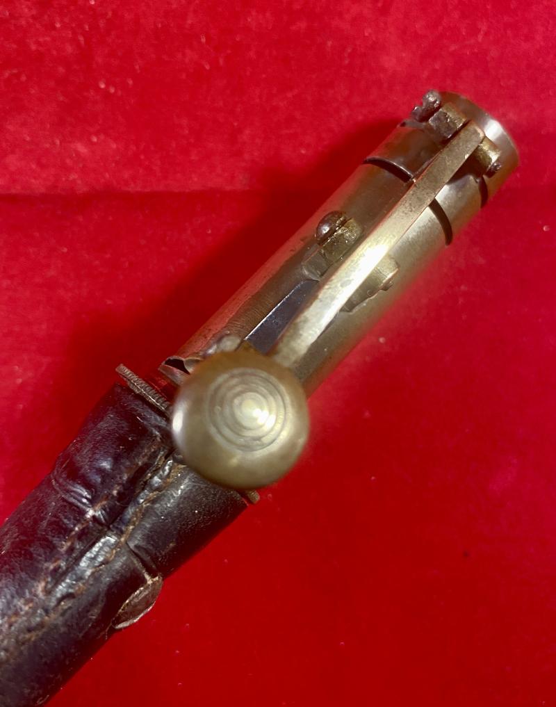 19th Century English Spring Loaded Embossed Leather Shot Powder Flask with Hunting Scene