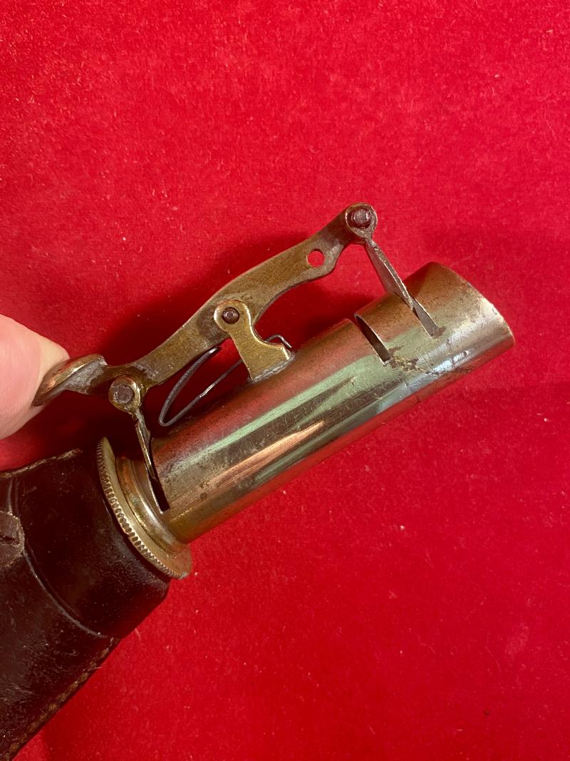 19th Century English Spring Loaded Embossed Leather Shot Powder Flask with Hunting Scene