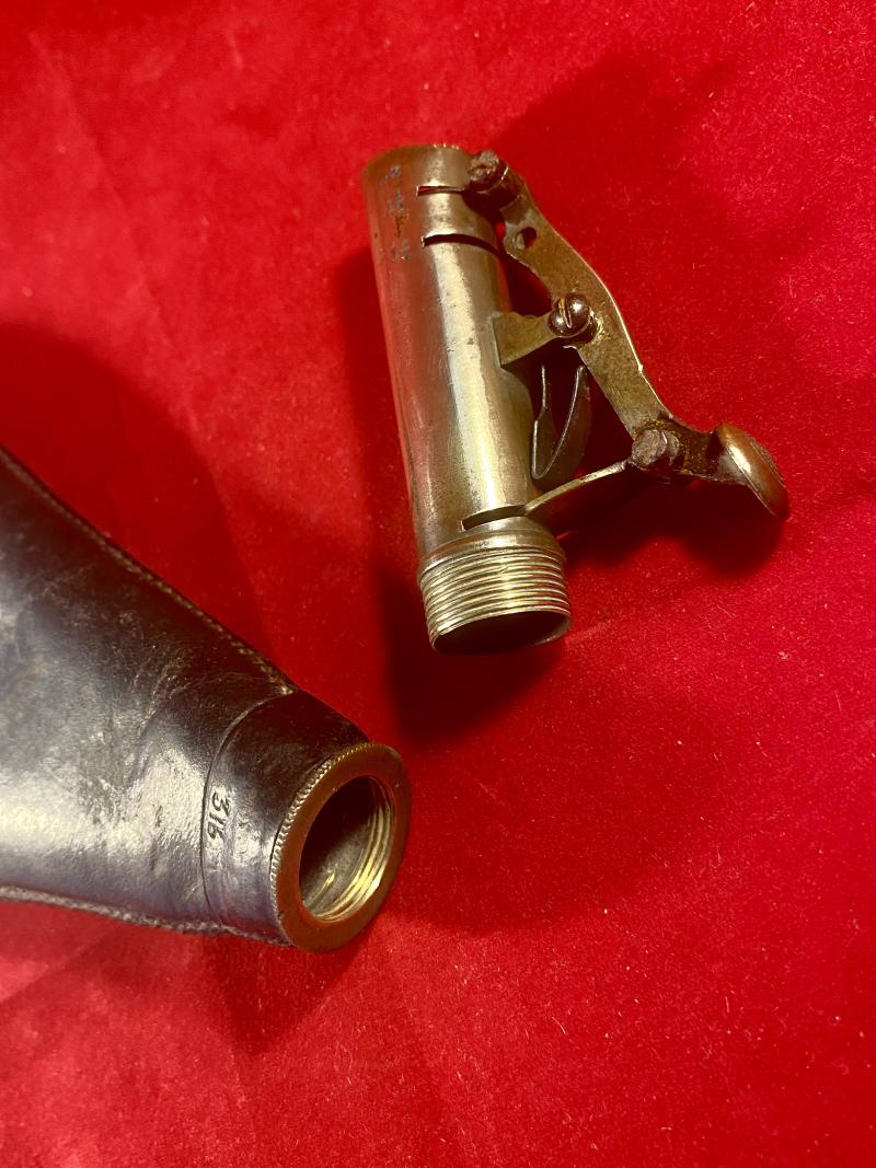 19th Century English Spring Loaded Embossed Leather Shot Powder Flask with Hunting Scene