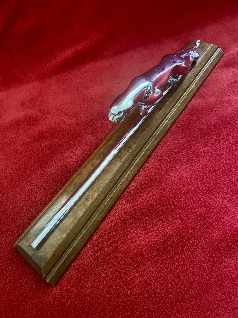 Original Wilmot Breeden Chrome Jaguar Car Mascot with Chrome Bonnet Strip Mounted on Walnut Plinth c1955