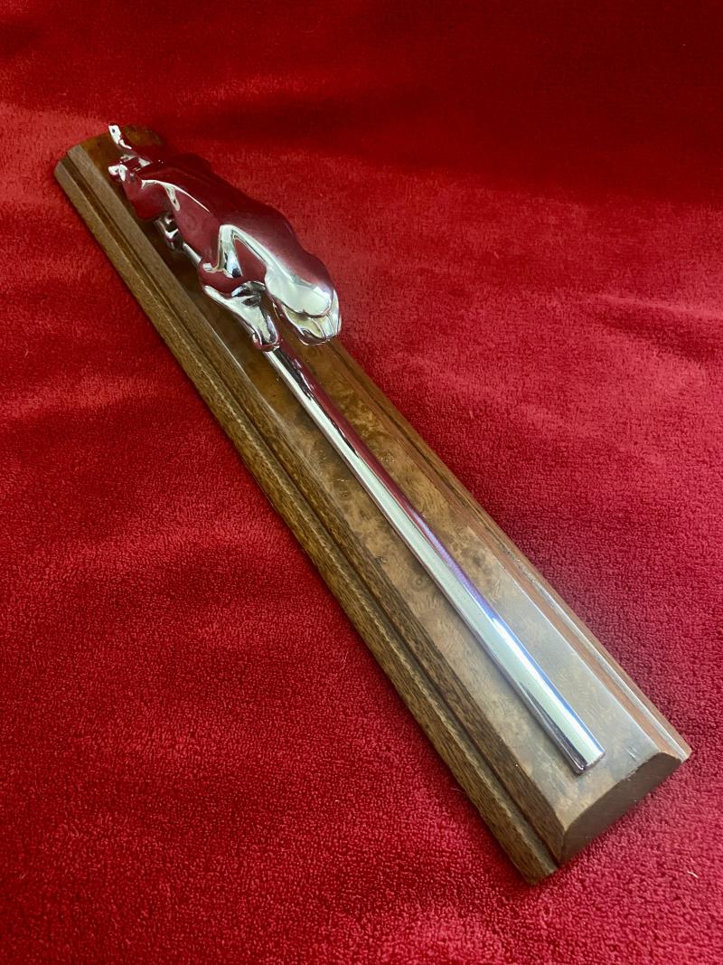 Original Wilmot Breeden Chrome Jaguar Car Mascot with Chrome Bonnet Strip Mounted on Walnut Plinth c1955