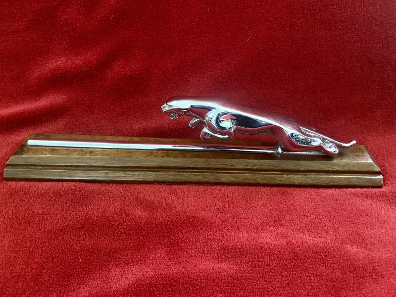Original Wilmot Breeden Chrome Jaguar Car Mascot with Chrome Bonnet Strip Mounted on Walnut Plinth c1955